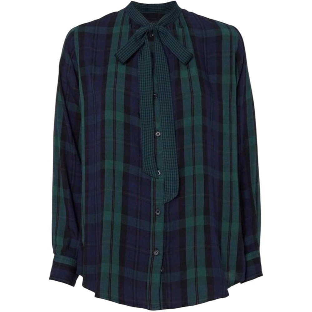 RAILS Corinne Tie-Neck Plaid Button Down Top Navy Blue Green Flannel Shirt Small
